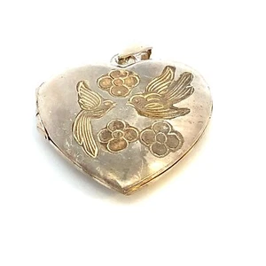Vtg Sterling Silver Signed 925 Thailand Carved Love Birds Heart Locket Pendant - Picture 1 of 9