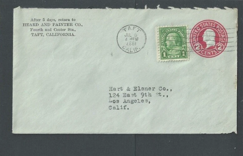 1937 Taft CA  2c Carmine  Entire On Blue Cover - Image 1 of 1