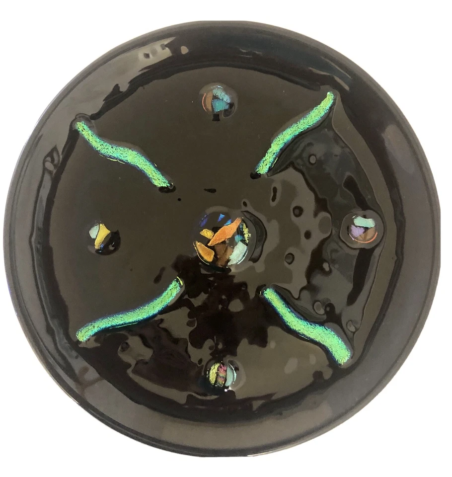 Fused Dichroic Art Glass Plate Black. Signed Sisk  10 1/4" - Image 1 of 4