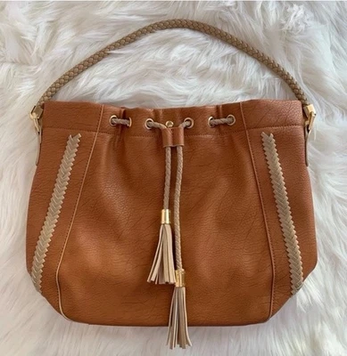 Charming Charlie Brown Whipstitch Bucket Tote Bag Braided Handle PU Leather EUC - Image 1 of 4