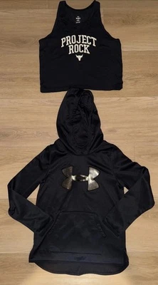 2pc Under Armour Girls Hoodie Youth M Loose Black Glitter Logo & L UA Tank - Image 1 of 4