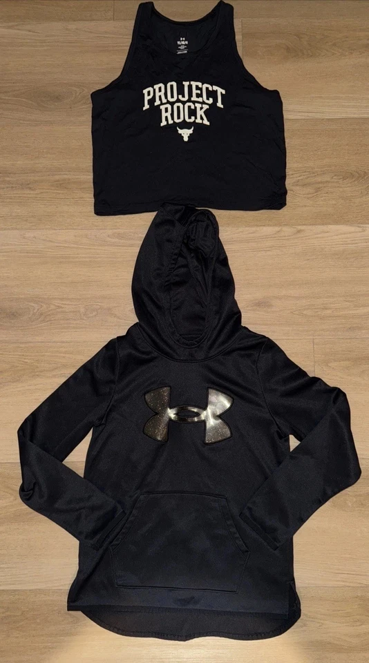 Sudadera con capucha Under Armour para niñas jóvenes M suelta negra con logotipo brillante y camiseta sin mangas L UA de 2 piezas Foto 1 de 4