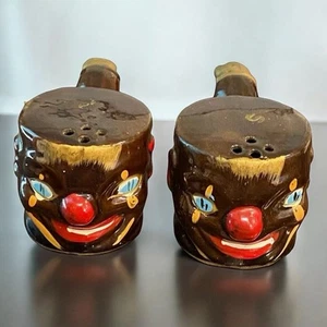 Vtg Anthropomorphic Pipe Clown Face Salt & Pepper Shakers Brown Face JAPAN - Picture 1 of 5