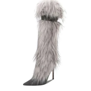 New Womens Sexy High Heels Pointed Toe Fox Fur Warm Knee High Boots Plus Size  - Picture 1 of 27