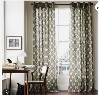 West Elm Ikat Ogee Linen Curtain Panels Gray White Beach Coast 2 Panels 48x96" - Image 1 of 4