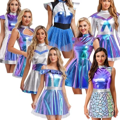 Womens Alien Costume Metallic Shiny Halloween Space Cadet Dress Fancy Dress - Image 1 of 4