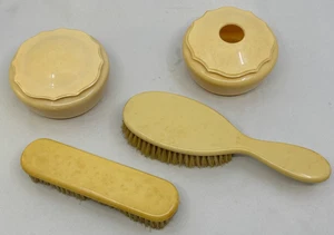 Vintage French Ivory Celluloid Vanity Set 4 Pieces 2 Jars 2 Brushes Cream Color - Picture 1 of 10