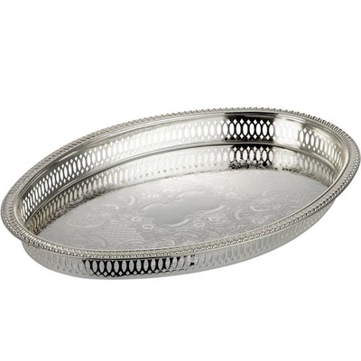ovales großes versilbertes Tablett verziert 37 x 26 cm für Getränke - Bild 1 von 2