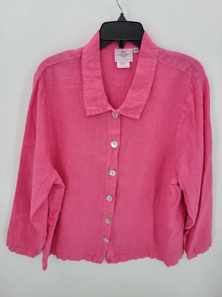Lo último Blusa Top de Algodón para Mujer Plus 1X Lo último Blusa Rosa Lino Manga Larga con Botones Foto 1 de 4