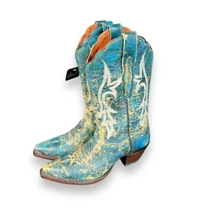 NEW DAN POST WOMENS 7.5M Blue Tan Cracked Leather Cowboy Boots 13” - Bild 1 von 8