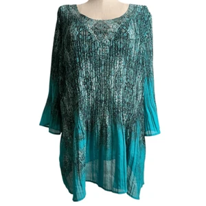 Catherines Womens Embellished Tunic Top 3X Teal Sleeve Artsy Boho Gypsy Pleated - Picture 1 of 7