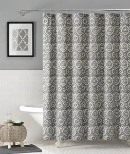 Silver White IKAT Floral Geometric 100% Cotton Fabric Shower Curtain: Carla VCNY - Picture 1 of 3