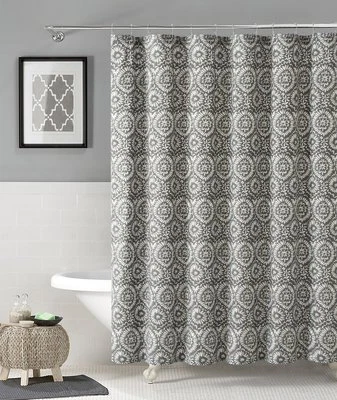 Silver White IKAT Floral Geometric 100% Cotton Fabric Shower Curtain: Carla VCNY - Image 1 of 3