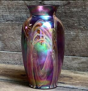 Vtg Iridescent Blown Glass Vase Art Nouveau Style Purple Green Draped Pattern