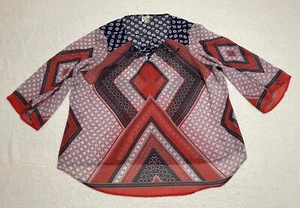 Fig & Flower Top Womens 3XL Red 3/4 Sleeve Sheer Chiffon Geometric Tunic Blouse - Picture 1 of 10