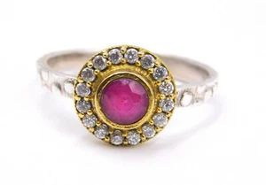 2.7 Gm 925 Sterling Silver Lab Created Ruby Stone Two Tone Ring 7.6" US M2764 - Picture 1 of 5