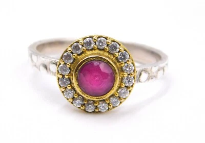 2.7 Gm 925 Sterling Silver Lab Created Ruby Stone Two Tone Ring 7.6" US M2764 - Image 1 of 4
