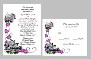 100 personalisierte individuelle lila Herz weiße Rose Braut Hochzeitseinladungen Set - Bild 1 von 1