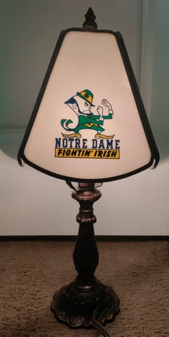 Notre Dame Fightin' Irish Stained Glass Table Lamp W/Ornate Floral Base Cover