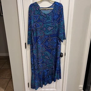 Chico’s Travelers Blue Purple Paisley Slinky Asymmetrical Maxi Dress Size 3 - Picture 1 of 10