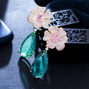 Awesome Pink Green CZ Women Flower Dangle TearDrop Earrings Gold Color Jewelry