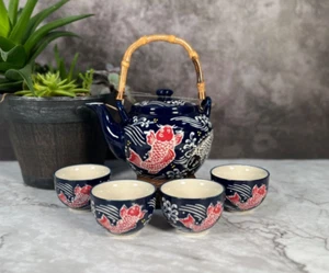Oriental Style Red Koi Fish Design Blue Ceramic Kung Fu Tea Set - Picture 1 of 6