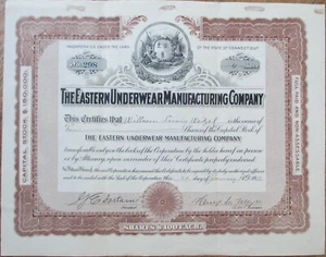 Eastern Underwear Manufacturing 1912 Certificado de Stock Connecticut Textile Mill - Imagen 1 de 1