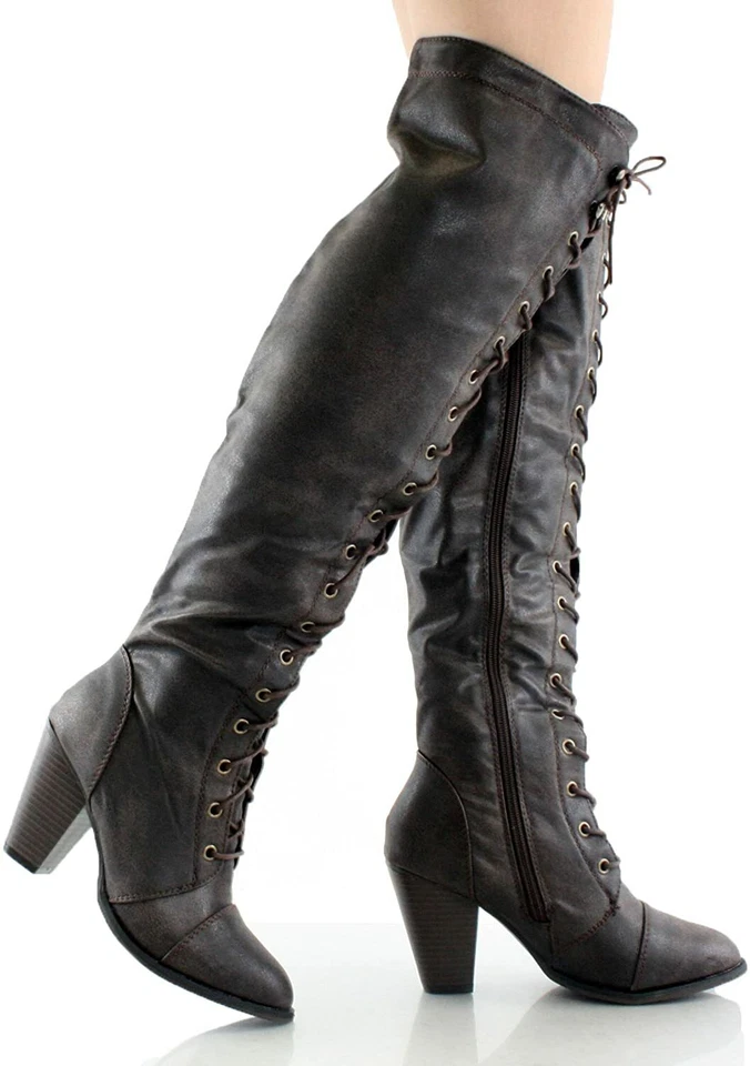 Womens Chunky Heel Lace Up Over The Knee High Riding Boots Forever Camila-48 - Image 1 of 1