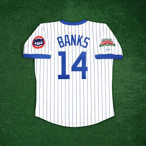Ernie Banks Chicago Cubs Men's Home White Wrigley 100th Anniv Cooperstown Jersey Cover