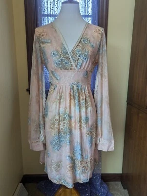 Vintage Anos 70 Hippie Anjo Mangas Rosa Pêssego Floral Poliéster Tamanho Pequeno P/M - Imagem 1 de 4