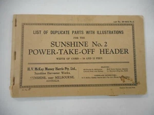 SUNSHINE NO.2 POWER TAKE OFF HEADER PARTS MANUAL / MASSEY HARRIS PTY AUSTRALIA - Picture 1 of 5