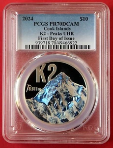 2024 $10 Cook K2-PEAKS High Relief, 2 oz. Silver PCGS PR70, Box/COA - Picture 1 of 4