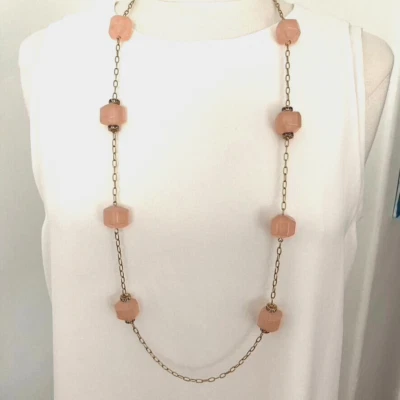 J Crew Chunky Pink Beaded Necklace Rhinestone Gold Tone Chain Long Statement - Image 1 of 4