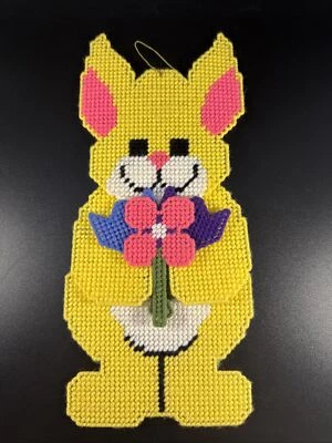 Vintage Handmade Plastic Needlepoint 3-D Canvas Art Rabbit Easter Bouquet Yellow - Image 1 of 4