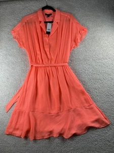 Banana Republic Dress Womens 6 Coral Solid Bright Belted Midi Flowy New Tag - Picture 1 of 15