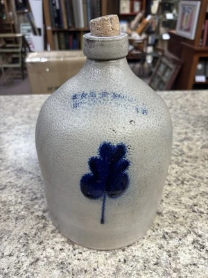 Antigua jarra de gres E & L P Norton Bennington VT con hoja azul cobalto años 1870 Foto 1 de 4