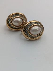 Vintage Signed Christian Dior Rhinestone Faux Pearl Clip On Earrings - Picture 1 of 10
