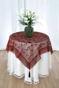 35" Beaded Tablecloth Indian Sheer Organza Table Topper Tasseled Floral Decor - Picture 1 of 11