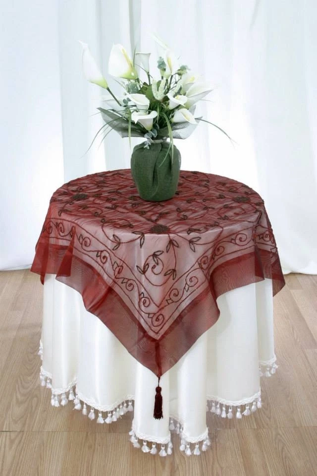 35" Beaded Tablecloth Indian Sheer Organza Table Topper Tasseled Floral Decor - Image 1 of 1