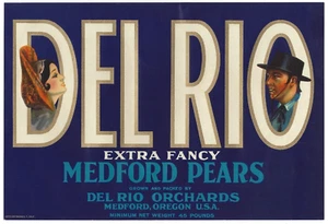 Etiqueta original de caja de pera DEL RIO Del Rio Orchards Medford Oregon Valentino - Imagen 1 de 2