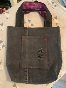NEW HAND MADE UPCYCLED BLACK DENIM SMALL BUCKET BAG PLUM BUMBLEBERRIES LINING - Picture 1 of 3