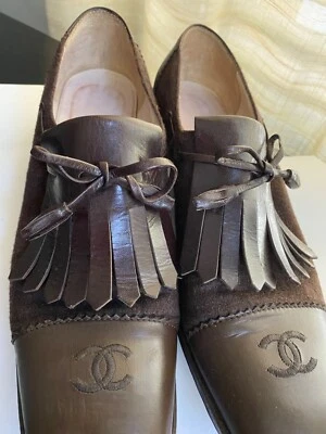 Chanel Marrón Cuero Gamuza Puntera Sin Cordones Mocasines Zapatos de Vestir 11B Derby Oxford Foto 1 de 4