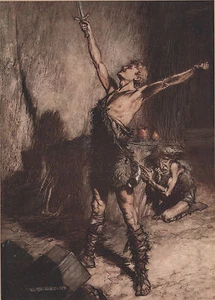 Zwerg Siegfried Schwert Wagner Ring Arthur Rackham 1911 Antik Kippdruck - Bild 1 von 4
