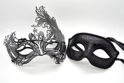 Couple Men Women Black Laser Cut Filigree Glitter Venetian Masquerade Mask  - Image 1 of 3