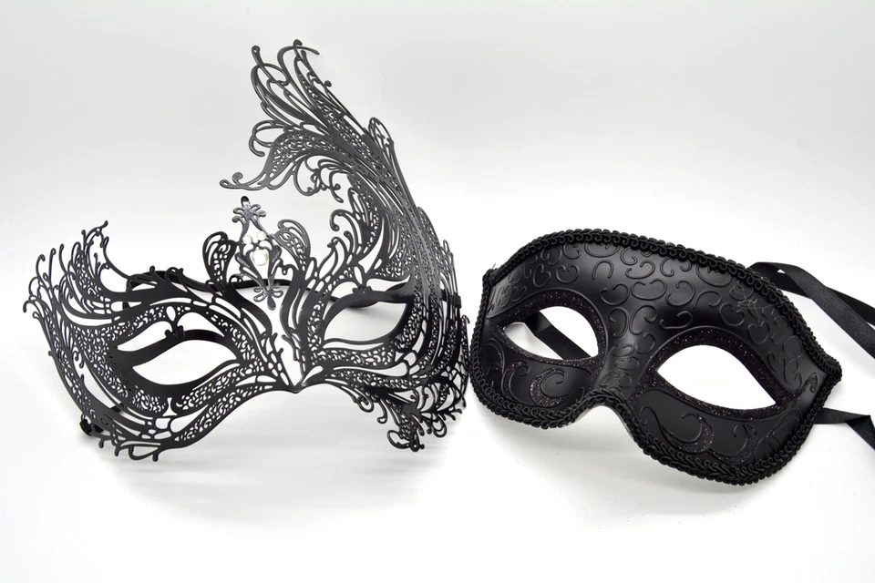 Couple Men Women Black Laser Cut Filigree Glitter Venetian Masquerade Mask  - Image 1 of 3