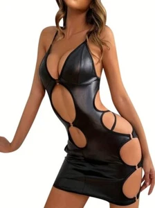 Abito aderente scuro con spalline babydoll con scollatura a V profonda - Foto 1 di 5