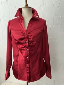 CATO Women’s Red Satin Shirt Crystal Buttons Size Small - Picture 1 of 14