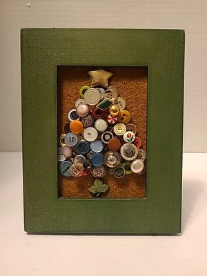 Vintage Buttons Artwork Christmas Tree Decor Framed Green 7" x 5 1/2"  - Image 1 of 4