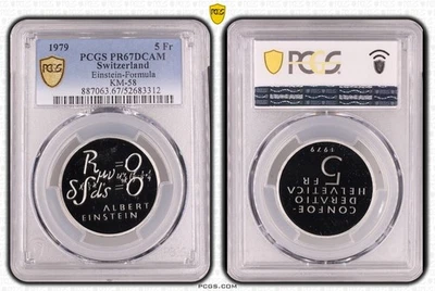 SWITZERLAN​D PROOF 5 FRANCS COIN 1979 YEAR KM#58 EINSTEIN FORMULA PCGS PR67 - Image 1 of 3