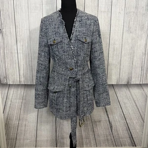 Michael Michael Kors Damen Größe 10 Marine Fransen Tweed Gürtel Longline Blazer - Bild 1 von 8